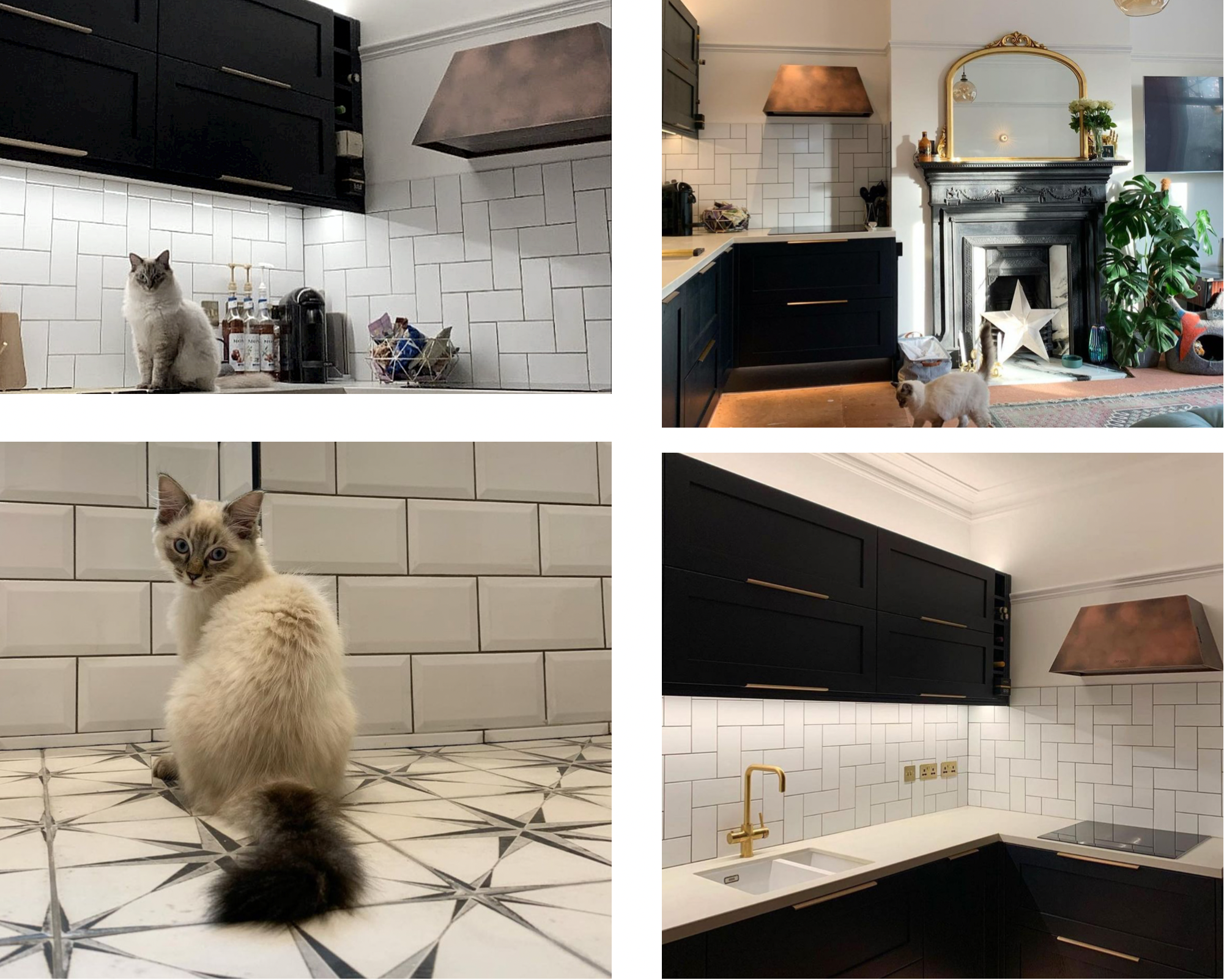 Photos of Hove Improvements white tile kitchen. Metallic and Black cabinets. Open plan Kitchen with Victorian fireplace.