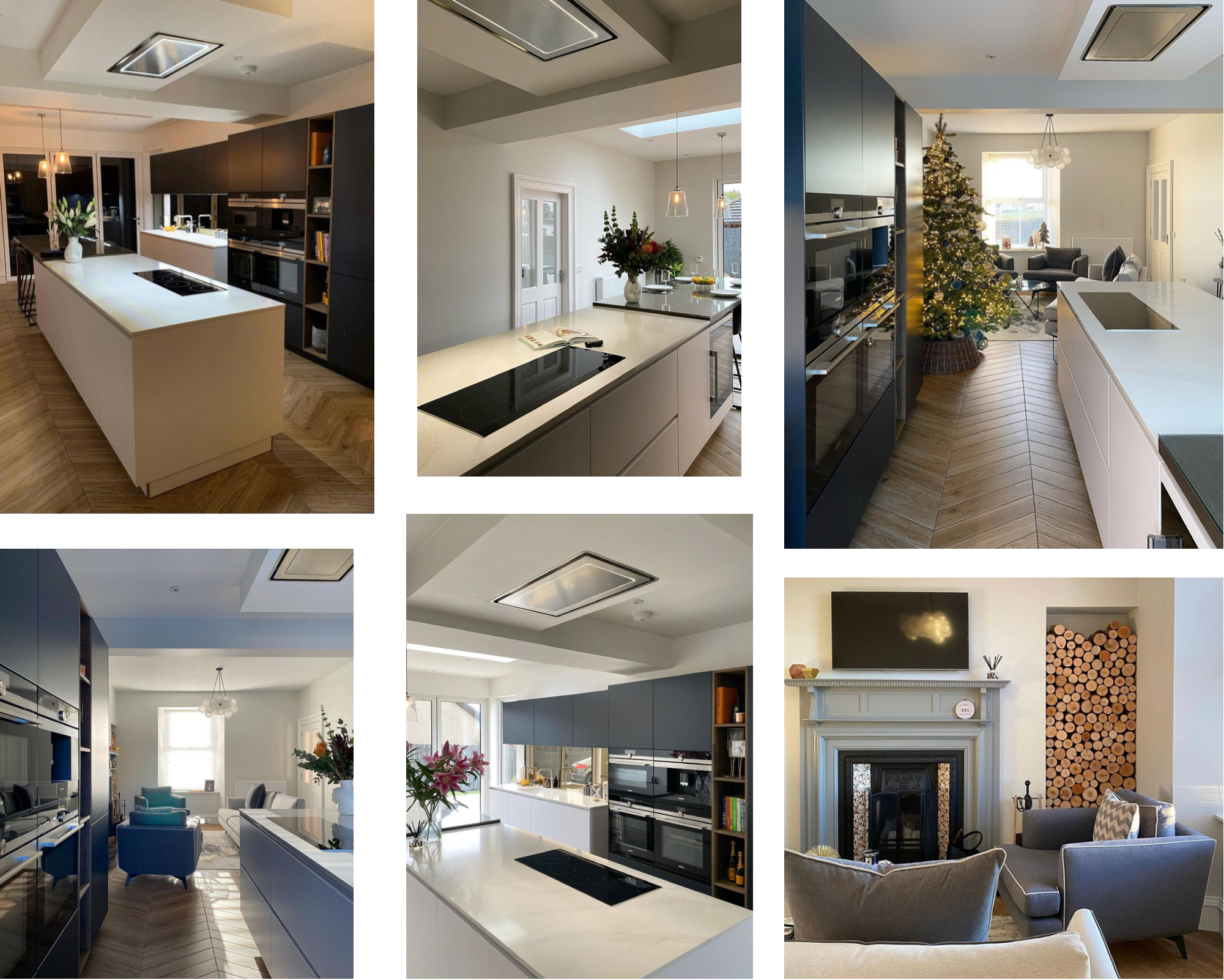 Photos Home with the Marks open plan contempory kitchen, feature log store, wooden tile floor, white marble island.