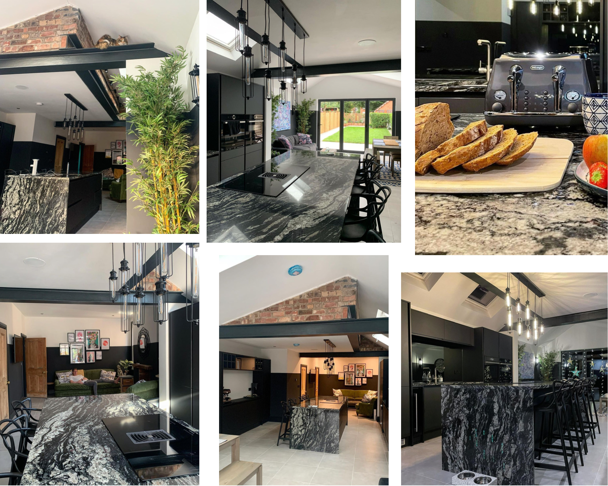 photos of a little victorian renovation - featuring black marble kitchen island, Faber galileo venting hob, bamboo plant, exposed brick, matt black cabinets, and exposed beams.