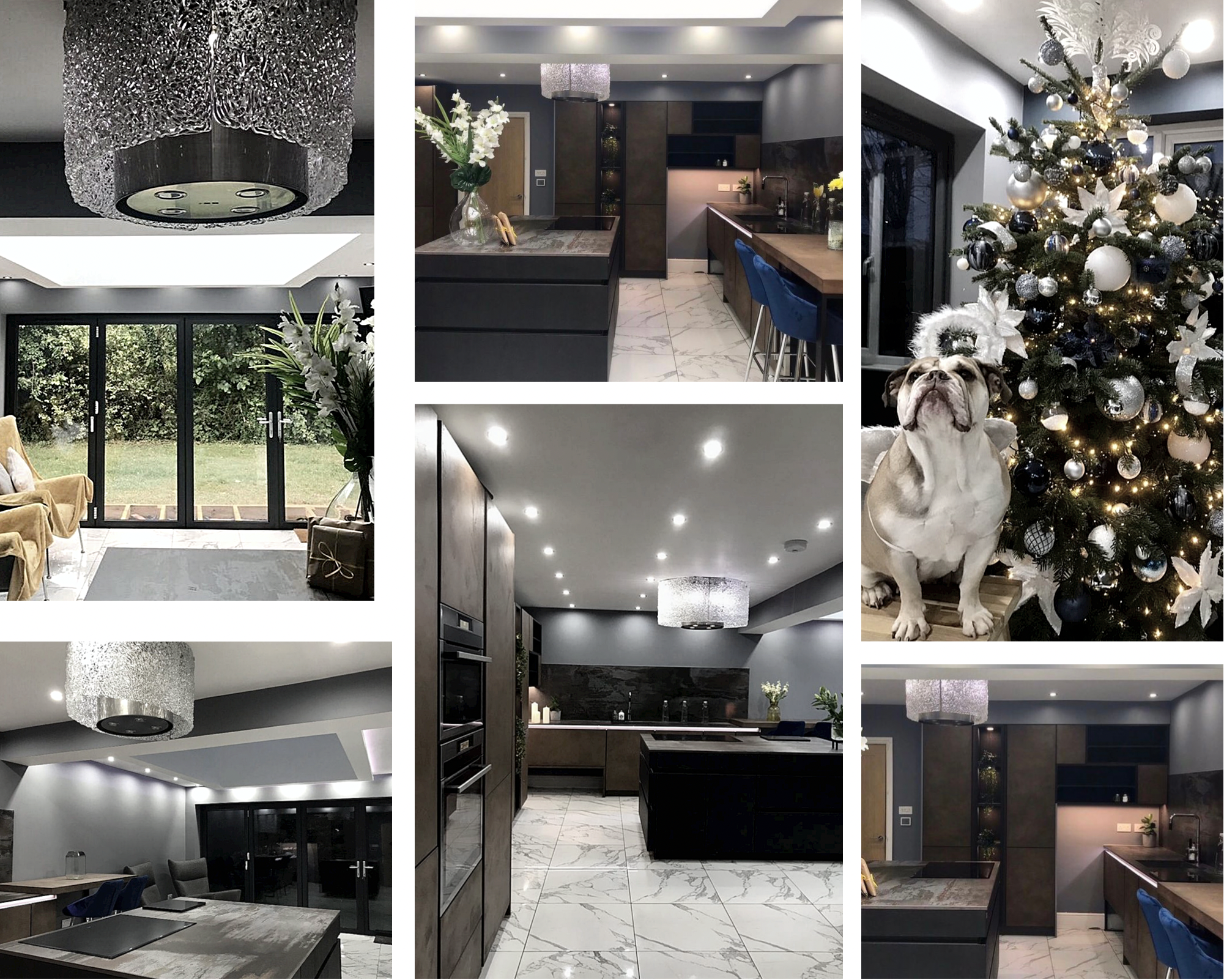 Photos of home updates' kitchen. Grey marble floors. Brown cabinets. Grey Island. Glass chandiler island hood.